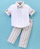 Little Kangaroos 100% Cotton Knit Full Sleeves Solid Colour Shirt with Striped Trousers & Bow - White