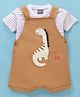 Little Kangaroos 100% Cotton Knit Dungaree with Half Sleeves Inner Tee Dino Applique - Khaki