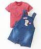 Little Kangaroos  100% Cotton Knit Dungaree Dino Patch &  Half Sleeves Striped T-Shirt - Dark Blue & Red
