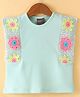 Little Kangaroos 100% Woven Half Sleeves Floral Embroidered Top - Aqua Blue