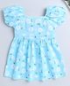 The Magic Wand Cotton Balloon Sleeves  Floral Printed Flared Dress - Blue