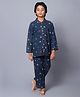 Kiddiekid Cotton Knit Full Sleeves  Hearts Printed Shirt & Pajama Set - Dark Blue and Multi Colour