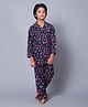 Kiddiekid Cotton Knit Three Fourth Sleeves Mushrooms Printed Coordinating Shirt & Pajama Set - Navy Blue & Red