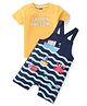Babyhug Single Jersey Knit Dungaree with Half Sleeves T-Shirt Text & Boat Print - Yellow & Blue