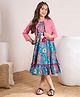 Pspeaches Floral & Leheriya Printed Dress With Three Fourth Sleeves Shrug - Blue