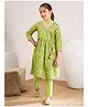 Pspeaches Pure Cotton Three Fourth Sleeves Floral Printed & Gota Lace Embellished  Kurta Pant With Dupatta  - Green