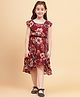 Little Marine Cap Sleeves Floral Printed Asymmetric Dress - Maroon