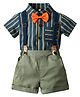 Lil Tomatoes Half Sleeves Striped Cotton Shirt & Shorts With Attached Bow & Suspender - Blue
