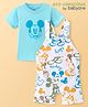 Babyoye Disney Cotton Knit Mickey Mouse Printed Dungaree with Half Sleeves Inner T-Shirt - Blue & White
