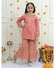 Ka-mee Three Fourth Sleeves Leheriya Printed & Lace Embellished Coordinating Kurta Sharara Set With Dupatta - Pink