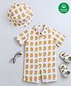 Nino Bambino Organic Cotton Half Sleeves Birds   Romper With Coordinating Cap - White & Mustard Yellow