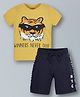 Plum Tree Cotton Half Sleeves Tiger Printed Tee With Side Taped Shorts - Mustard Yellow & Navy Blue