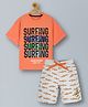 Plum Tree Cotton Half Sleeves Surfing Text & Fishes Printed Tee With Shorts - Orange & Bleach Melange