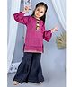 Junitos Full Bell Sleeves Motif Printed & Gota Lace Embellished Kurta With Sharara Set - Pink & Navy Blue