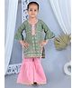Junitos Three Fourth Bell Sleeves Floral Swirl Printed & Gota Lace Embellished Kurta With Sharara Set - Green & Pink