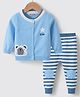 Kookie Kids Knit Full Sleeves Front Open Striped Sweater Set with Panda Design - Blue