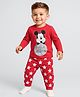 Babyhug Disney Cotton Knit Full Sleeves Night Suit With Mickey Mouse Print - Red
