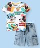 Babyhug Disney Cotton Knit Half Sleeves T-Shirt & Denim Shorts Set With Mickey & Friends Print - White