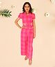 Cutecumber Half Sleeves Floral Embroidered & Checked Top With Culottes - Fuchsia