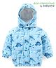 Babyoye Woven Full Sleeves Front Open Padded Hooded Jacket with Dino Print - Sky Blue