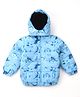 Babyoye Woven Full Sleeves Front Open Padded Hooded Jacket with Dino Print - Sky Blue