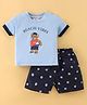 First Smile Cotton Knit Half Sleeves Teddy Bear Printed T-Shirt & Shorts Set - Ocean Mist