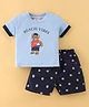 First Smile Cotton Knit Half Sleeves Teddy Bear Printed T-Shirt & Shorts Set - Ocean Mist