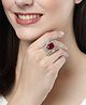 NVR Women Red & Silver CZ-Studded  Square-Shaped Adjustable Finger Ring - Silver