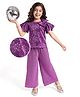 Hola Bonita Glitter Half Sleeves Floral Printed Top With Bow and Shimmer Pant - Lilac