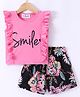 M'andy Frill Sleeves Smile Text & Floral Printed Top With Shorts - Pink