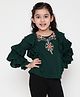 ISHTI Frill Sleeves & Floral Embroidered Top - Bottle Green