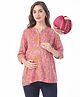 Bella Mama   Woven Three Fourth Sleeves Pintucks Detailing &  Jal Printed  Maternity Top with Pocket - Pink