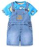 Babyhug Single Jersey Woven Dungaree and Half Sleeves T-Shirt Set with Boat Print & Embroidery - Blue