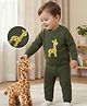 Babyoye Cotton Knitted Full Sleeves Pullover Sweater Set with Giraffe Embroidery  - Dark Green