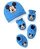 Babyhug Disney Cotton Cap Mittens & Booties Set With Mickey Mouse Graphics - Blue