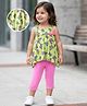 Babyhug Cotton Knit Sleeveless Kaftan Style Top & Capri Set With Butterfly Print - Pink & Lime
