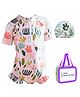 Little Surprise Box Half Sleeves Cactus Printed Swimsuit & Cap With Bag - Pink