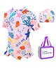 Little Surprise Box Half Sleeves Sea Life Theme Printed Swimsuit & Cap With Bag - Pink
