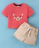 Bloom Up Cotton Knit Half Sleeves Teddy Printed T-Shirt & Shorts Set - Red