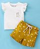 Bloom Up Cotton Knit Half Sleeves Top & Shorts Set with Kitty Print - Mustard