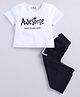 M'andy Knitted Half Sleeves Awesome Text Printed Tee With Trousers - Navy Blue