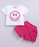 M'andy Knitted Half Sleeves Smiley Printed Tee With Shorts - Magenta Pink