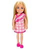 Barbie Chelsea with Removable Checked Dress & Shoes with Blonde Hair & Blue Eyes Pink - Height 14 cm