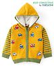 Babyoye Knitted Full Sleeves Front Open Hooded Sweater With Stripes Design and Vehicles Embroidery - Yellow