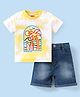 Babyhug Single Jersey Knit Half Sleeve Beach Theme Tie & Dye  T-Shirt and Denim Shorts Set - Yellow & Blue