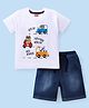 Babyhug Cotton Knit Half Sleeves T-Shirt & Denim Shorts Set With  Animals Print - White & Blue