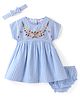 Babyhug Cotton Woven Half Sleeves Checks Frock with Bloomer & Headband Floral Embroidery - Blue