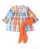 Babyhug Cotton Woven Full Bell Sleeves Checkered Frock with Leggings - Orange