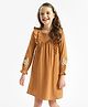 Primo Gino 100% Cotton Knit Full Sleeves Gauze A Line Frock with Smocking Detailing & Floral Embroidery - Yellow