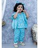 BownBee Pure Cotton Half Sleeves Flamingos Printed Coordinating Kaftan With Pant & Headband Set - Blue